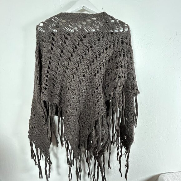 Per Una Womens Open Knit Poncho with Fringe Trim One Size Gray Made in Italy - Picture 2 of 7